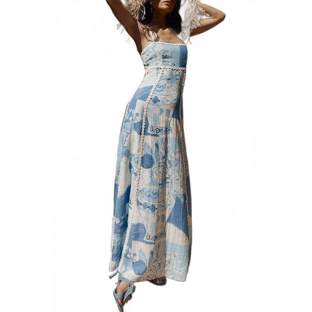 NEW TRENDSI cutout back printed square neck maxi dress in blue